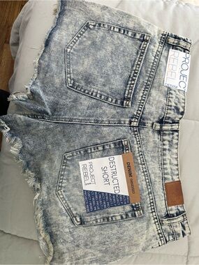rebels Light Acid-Wash Distressed Denim Shorts